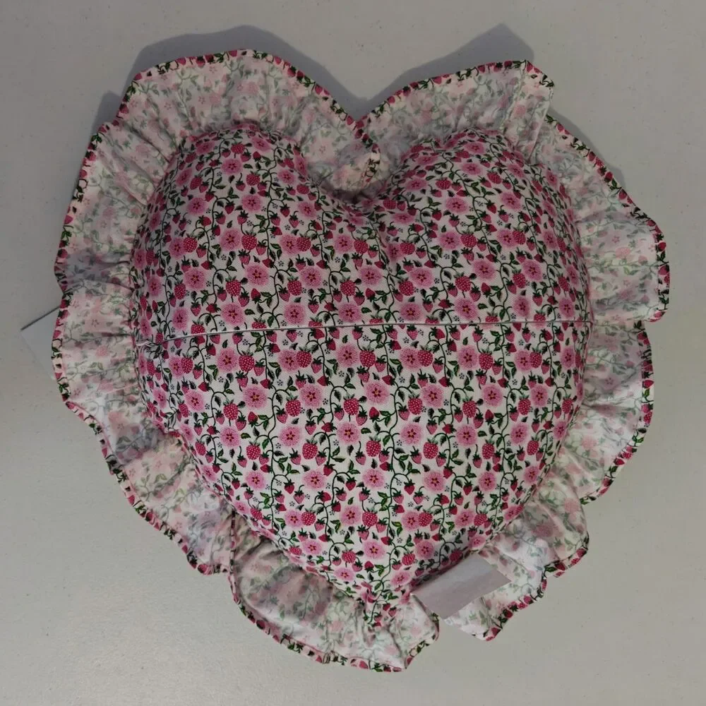 NEW Cath Kidston Strawberry Heart Pillow Ruffle Cotton Cover Toss Throw NWT Pink
